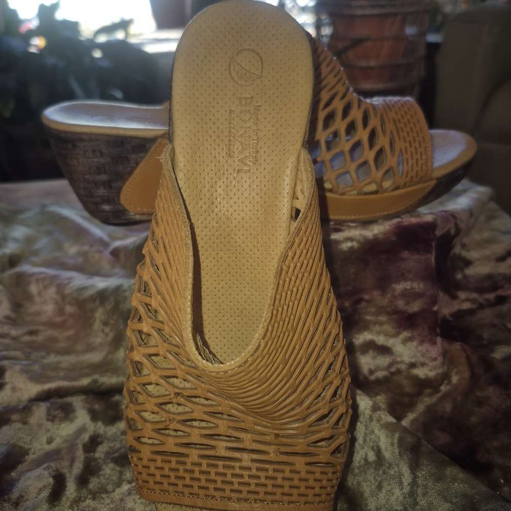 Brown Laser Cut Leather Wedge Sandals